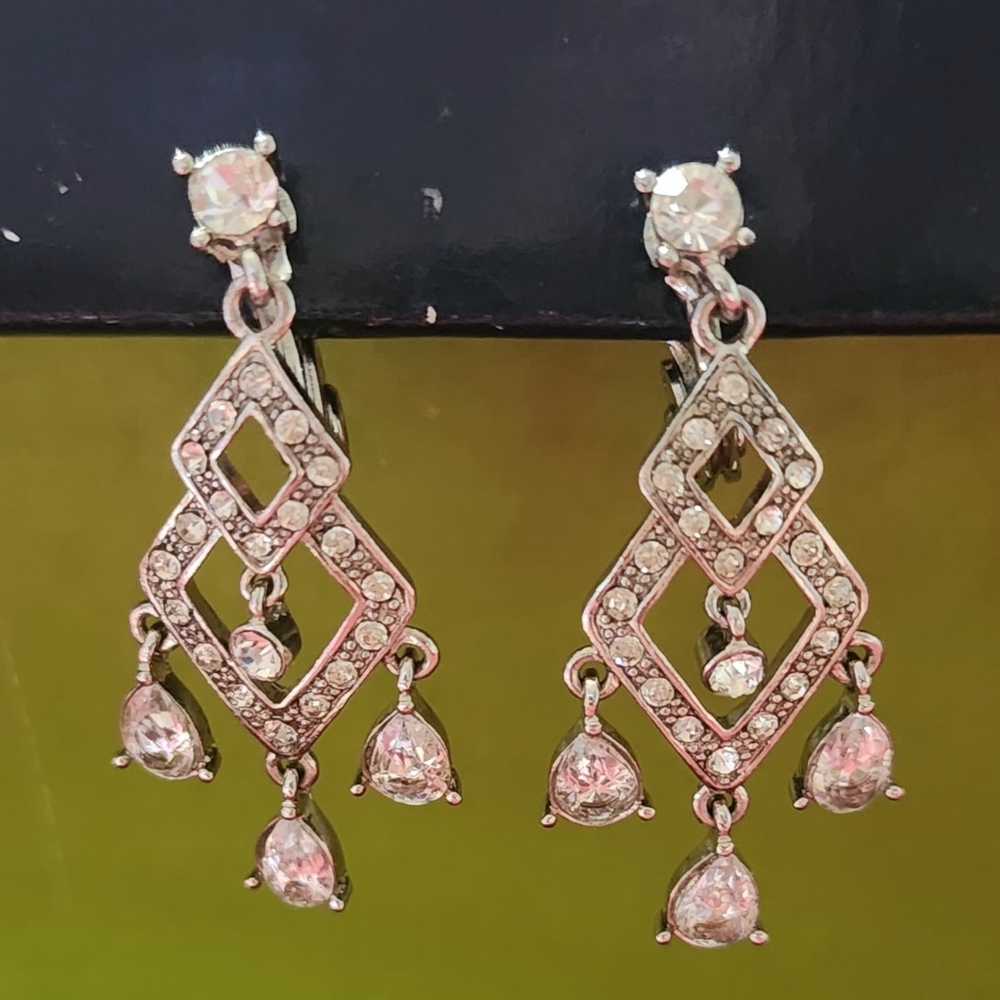 Elegant Monet Silver Tone CZ Dangle Earrings